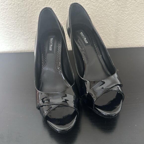 White House Black Market Shoes - White House Black Market Women's 7.5 High Heels Black Peep Toe Patent Leather